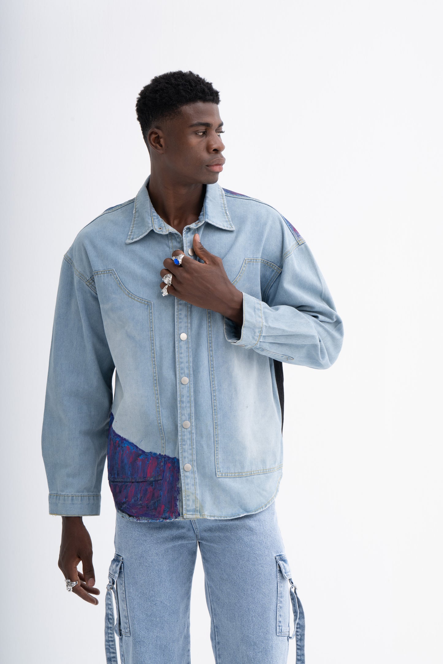 Hand-Painted Contrast Men's Denim Shirt