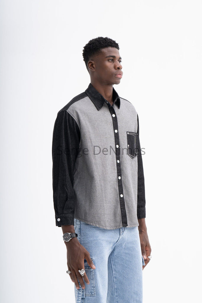 Grey and Black Denim Shirt for Men