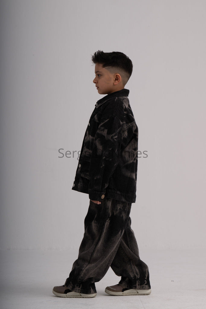 Black Tie-Dye Effect Kids Coord Denim Set