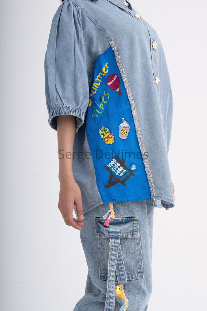 Hand-painted Denim Shirt - Oceanic Life & Floral Beauty