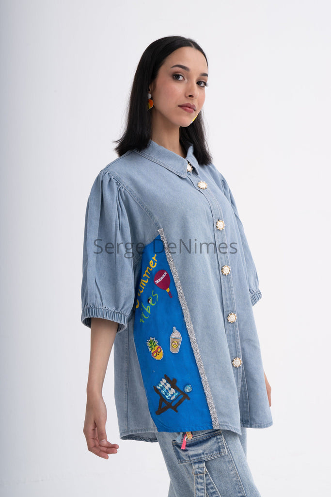 Hand-painted Denim Shirt - Oceanic Life & Floral Beauty