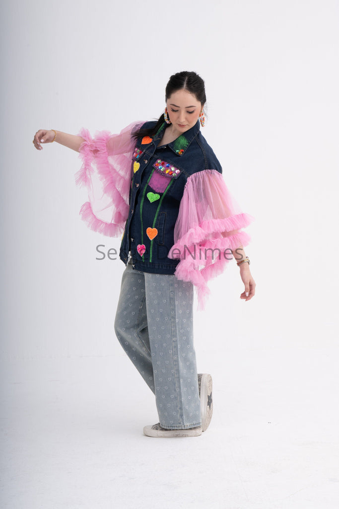 Playful Pink Net Sleeves Denim Jacket