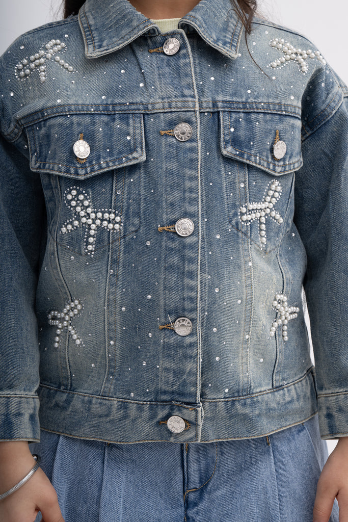 Girls Denim Jacket with Pearl and Rhinestone Bow Design