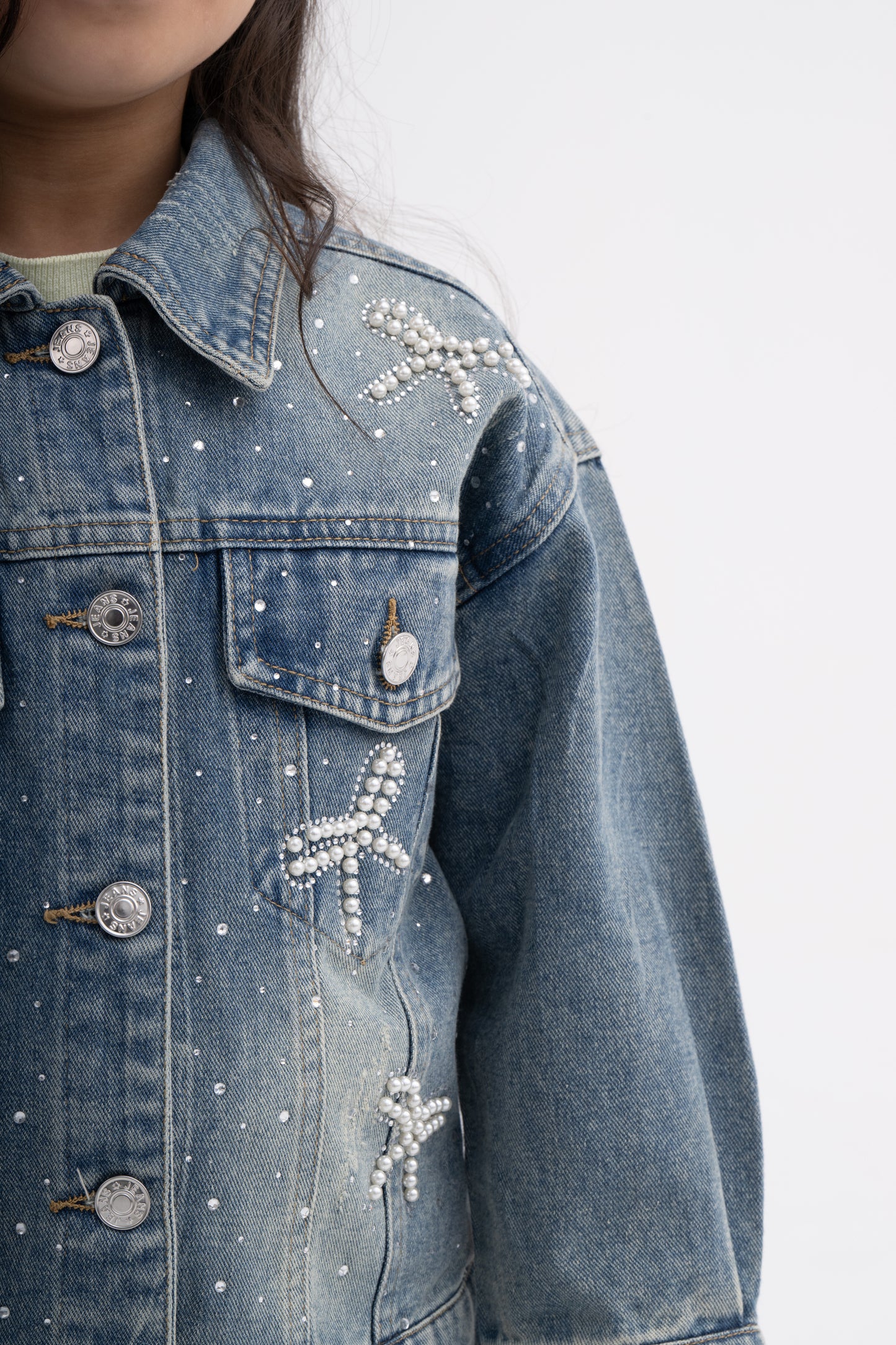 Girls Denim Jacket with Pearl and Rhinestone Bow Design