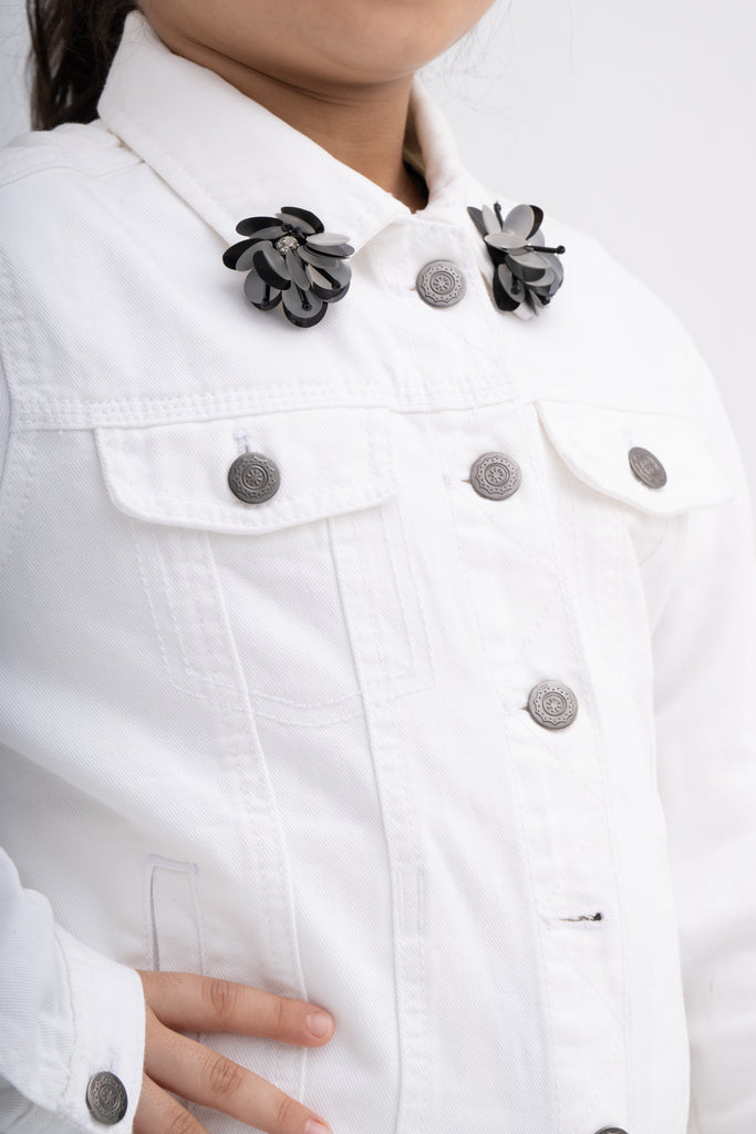 White & Black Soft Denim Jacket for Girls