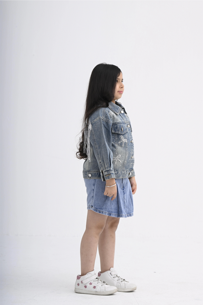 Girls Denim Jacket with Pearl and Rhinestone Bow Design