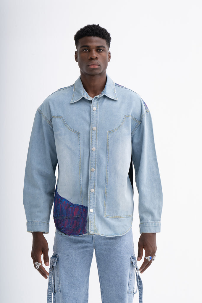 Hand-Painted Contrast Men's Denim Shirt