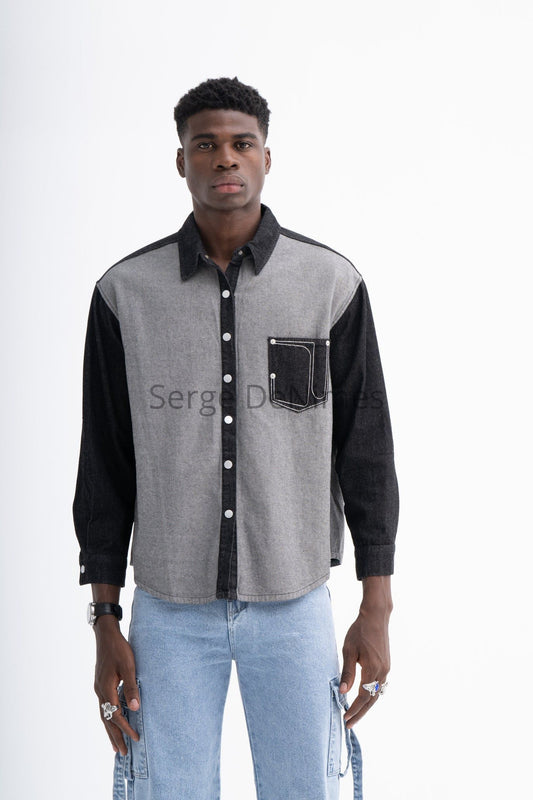 Grey and Black Denim Shirt for Men