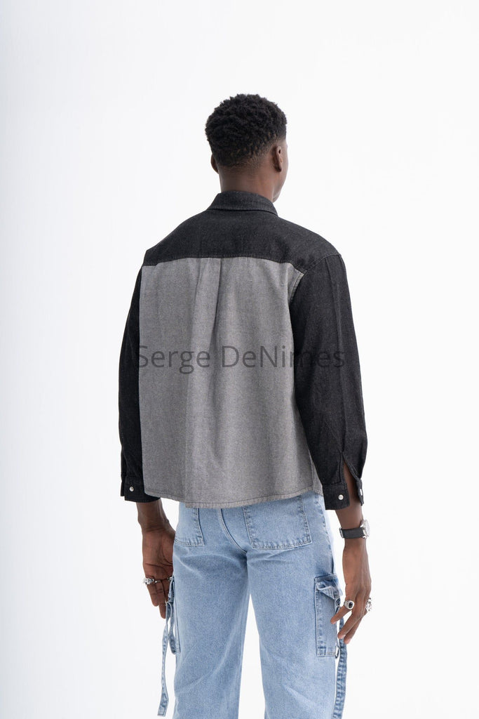Grey and Black Denim Shirt for Men