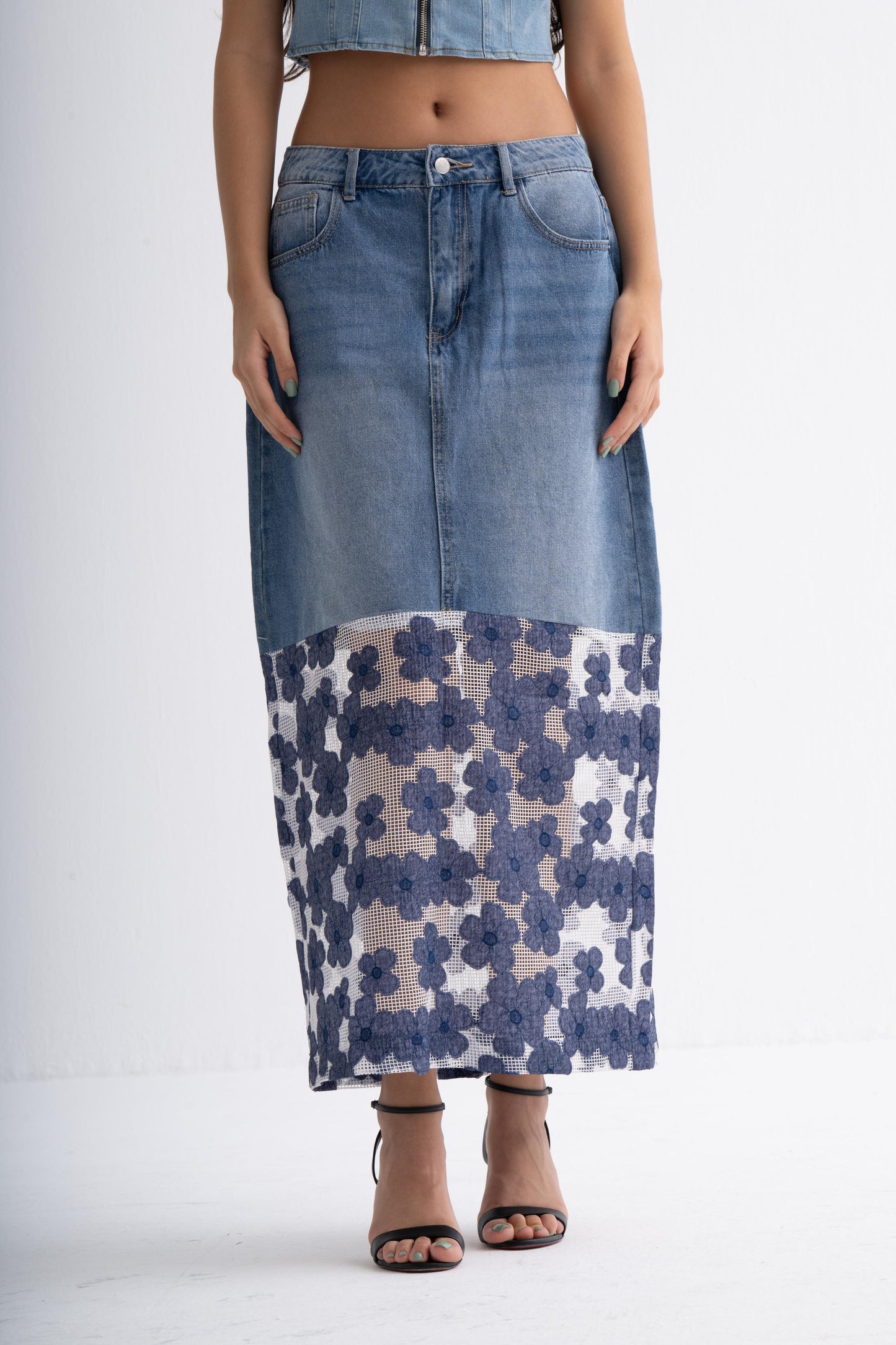 Half & Half Denim-Net Skirt