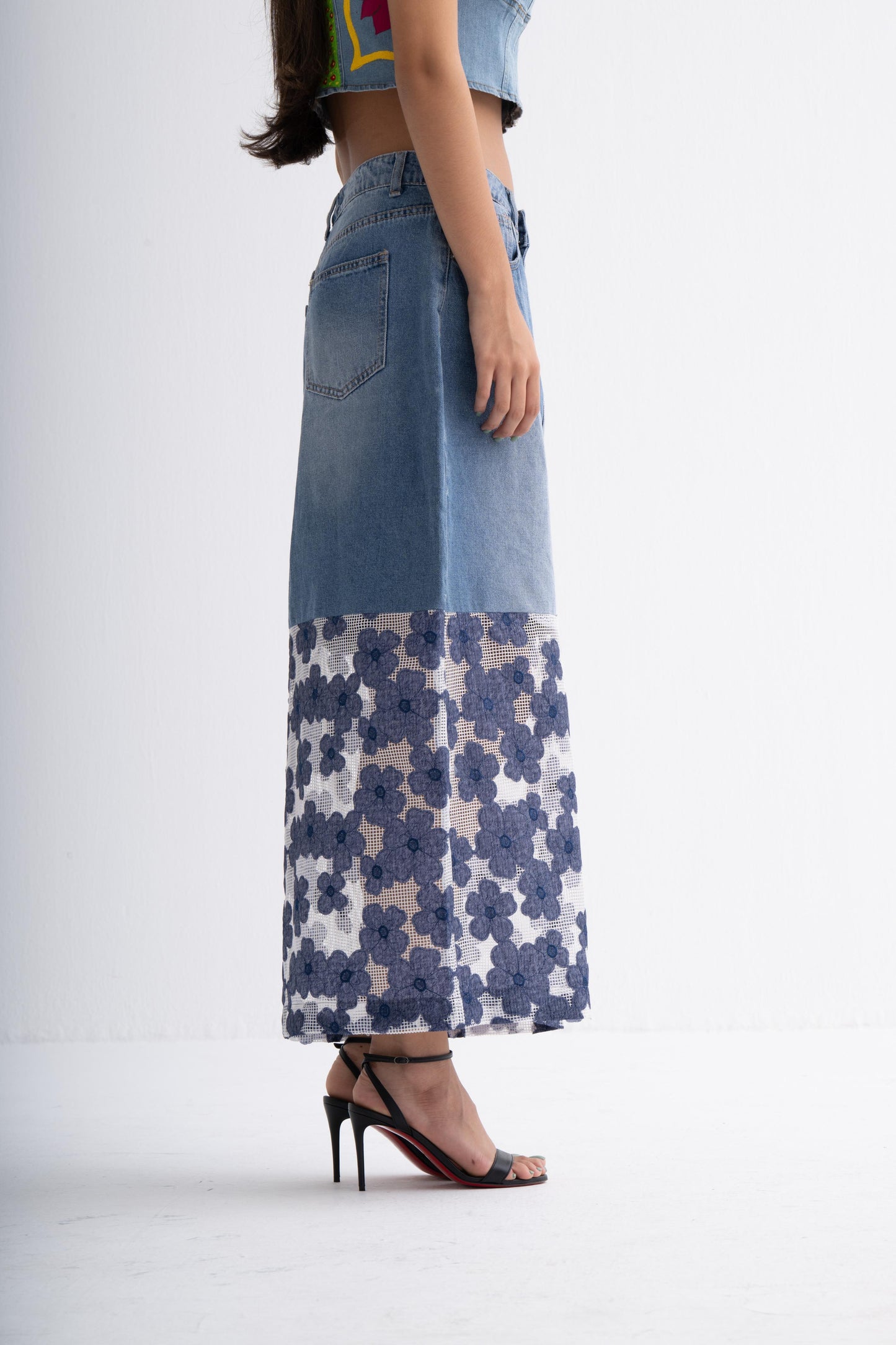 Half & Half Denim-Net Skirt