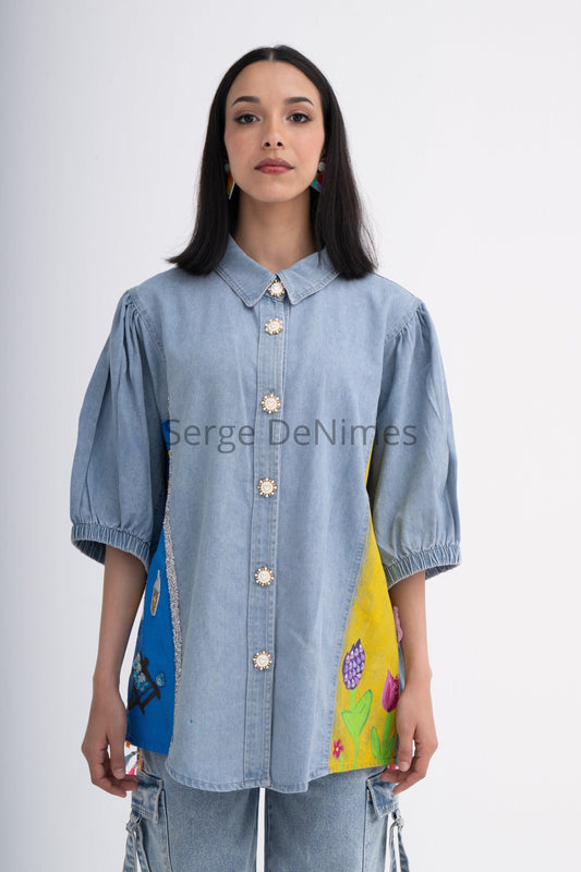 Hand-painted Denim Shirt - Oceanic Life & Floral Beauty
