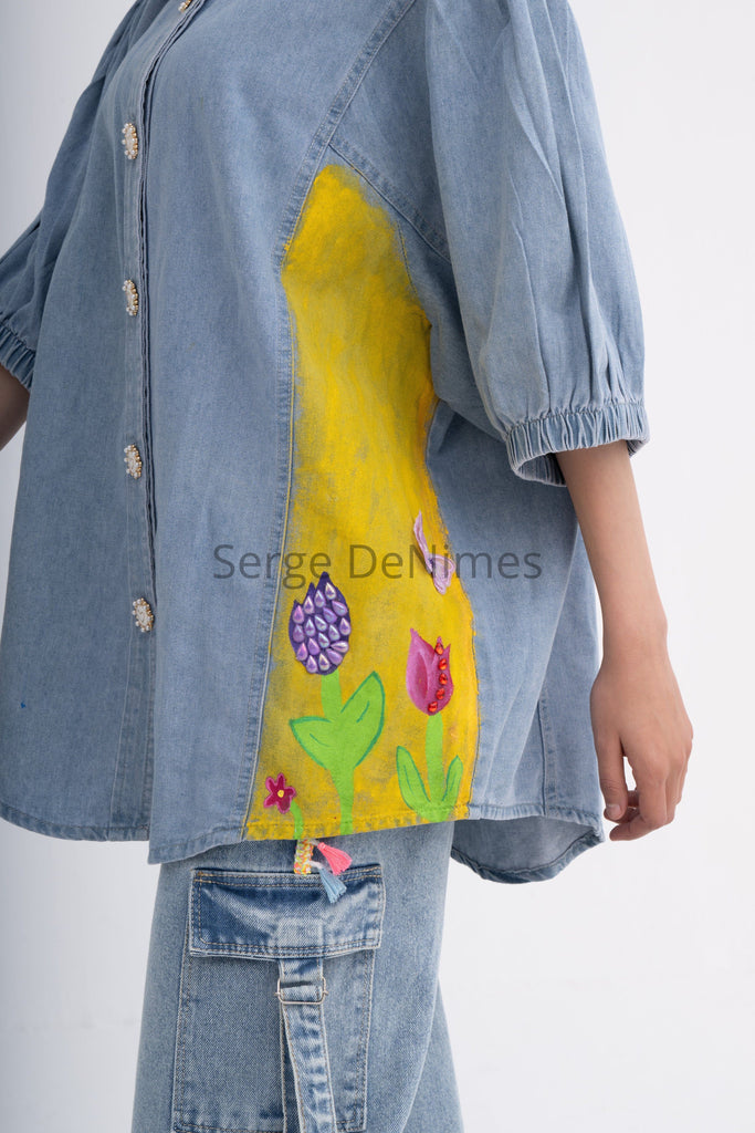 Hand-painted Denim Shirt - Oceanic Life & Floral Beauty