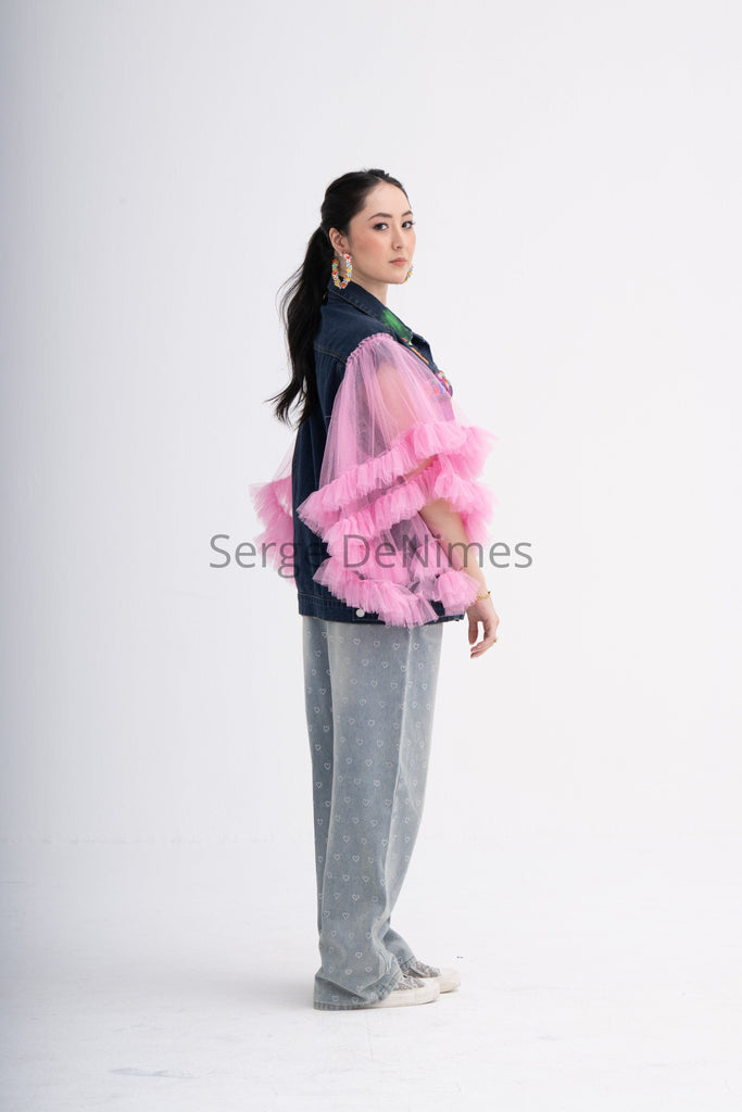 Playful Pink Net Sleeves Denim Jacket