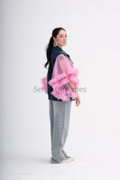 Playful Pink Net Sleeves Denim Jacket