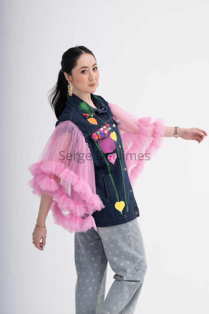 Playful Pink Net Sleeves Denim Jacket