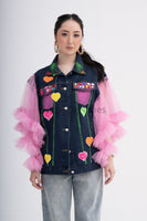 Playful Pink Net Sleeves Denim Jacket