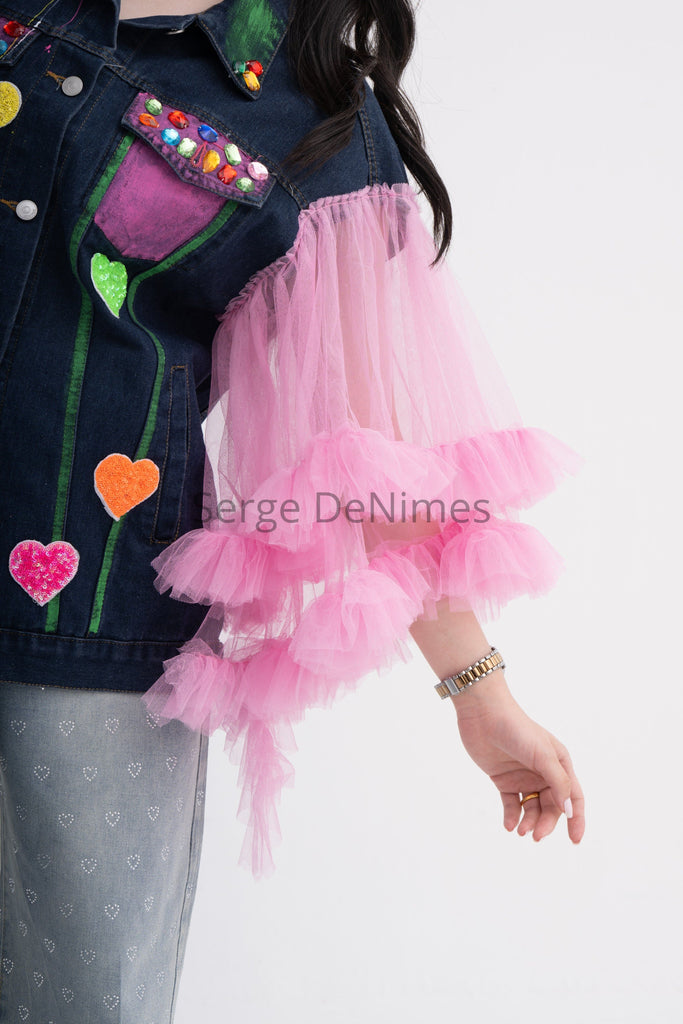 Playful Pink Net Sleeves Denim Jacket
