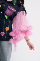 Playful Pink Net Sleeves Denim Jacket