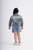 Girls Denim Jacket with Pearl and Rhinestone Bow Design