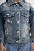 Girls Denim Jacket with Pearl and Rhinestone Bow Design