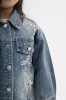 Girls Denim Jacket with Pearl and Rhinestone Bow Design