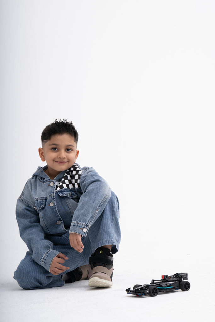 Car Racing Track Inspired Denim Hoodie for Kids