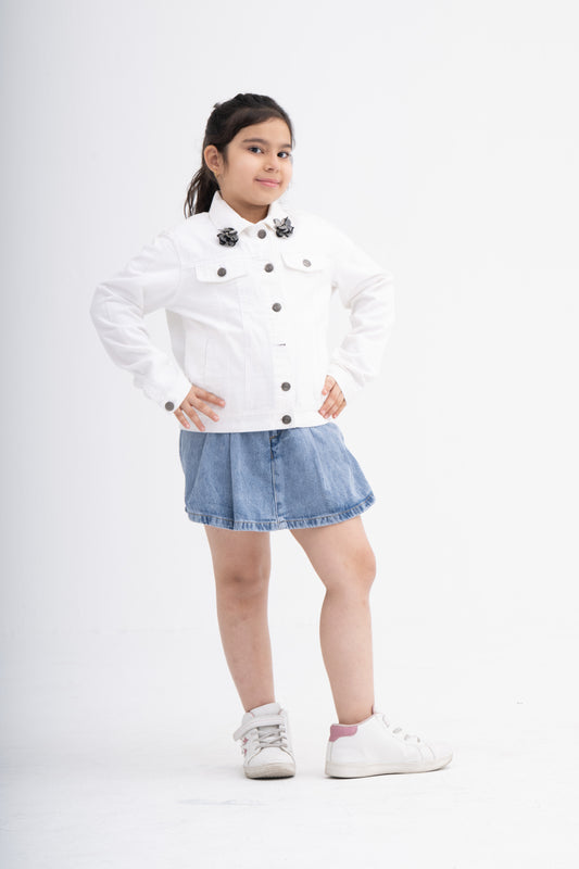 White & Black Soft Denim Jacket for Girls