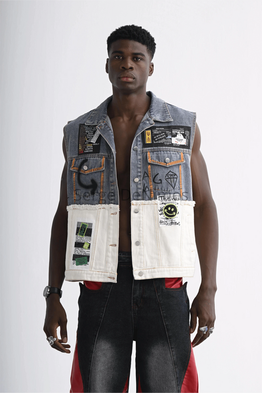 Graffiti Patchwork Denim Vest