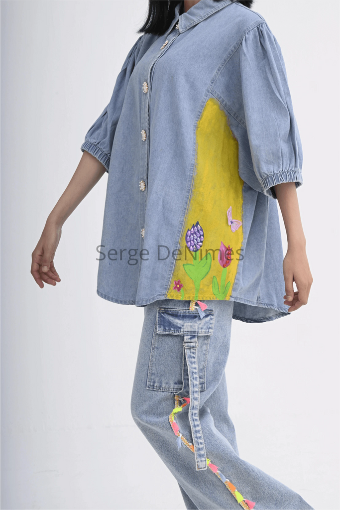 Hand-painted Denim Shirt - Oceanic Life & Floral Beauty