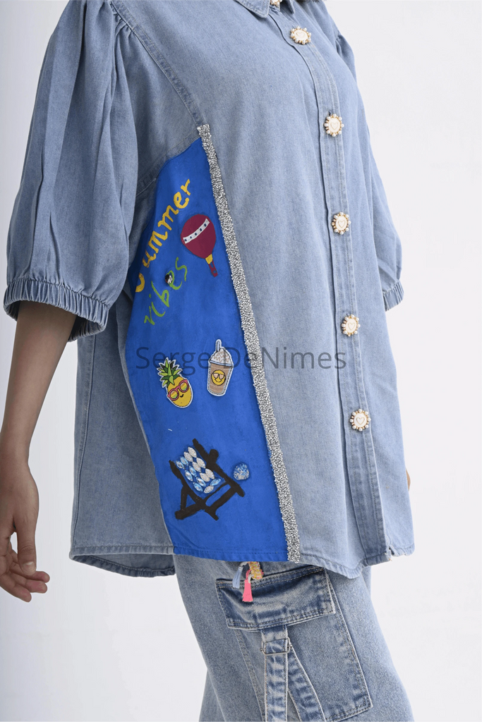 Hand-painted Denim Shirt - Oceanic Life & Floral Beauty