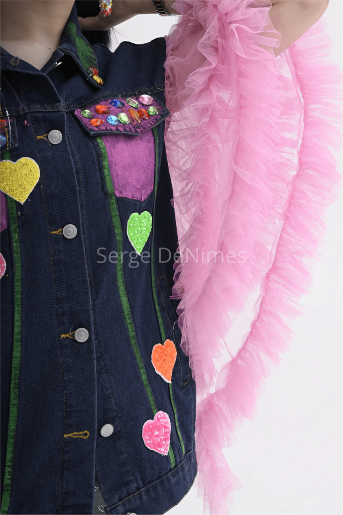 Playful Pink Net Sleeves Denim Jacket