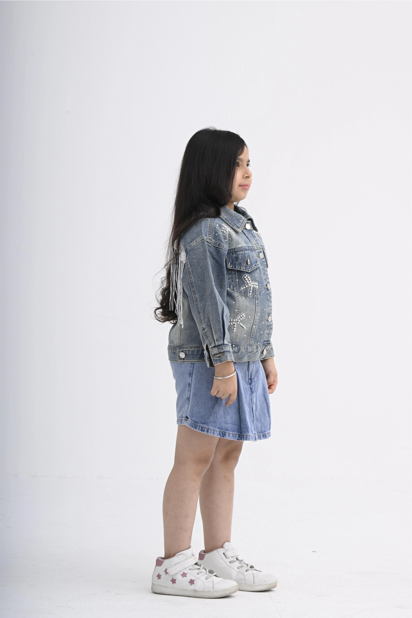Girls Denim Jacket with Pearl and Rhinestone Bow Design