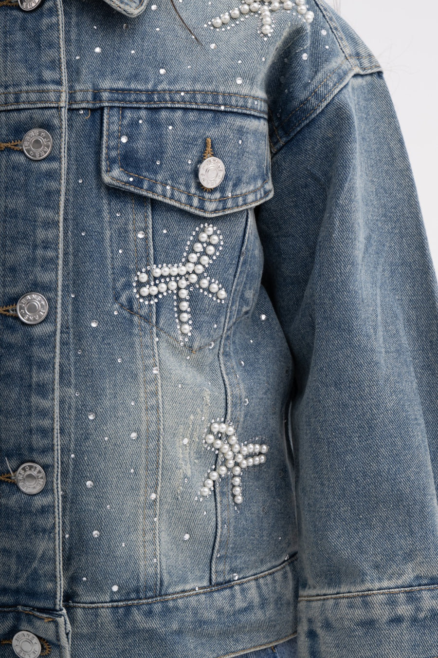 Girls Denim Jacket with Pearl and Rhinestone Bow Design